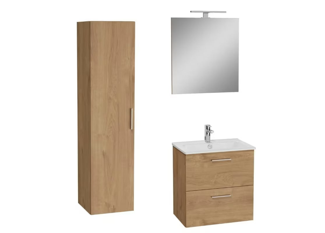 Kupaonski set vitra Mia u dekoru zlatnog hrasta s visećim ormarićem, umivaonikom, ogledalom i rasvjetom