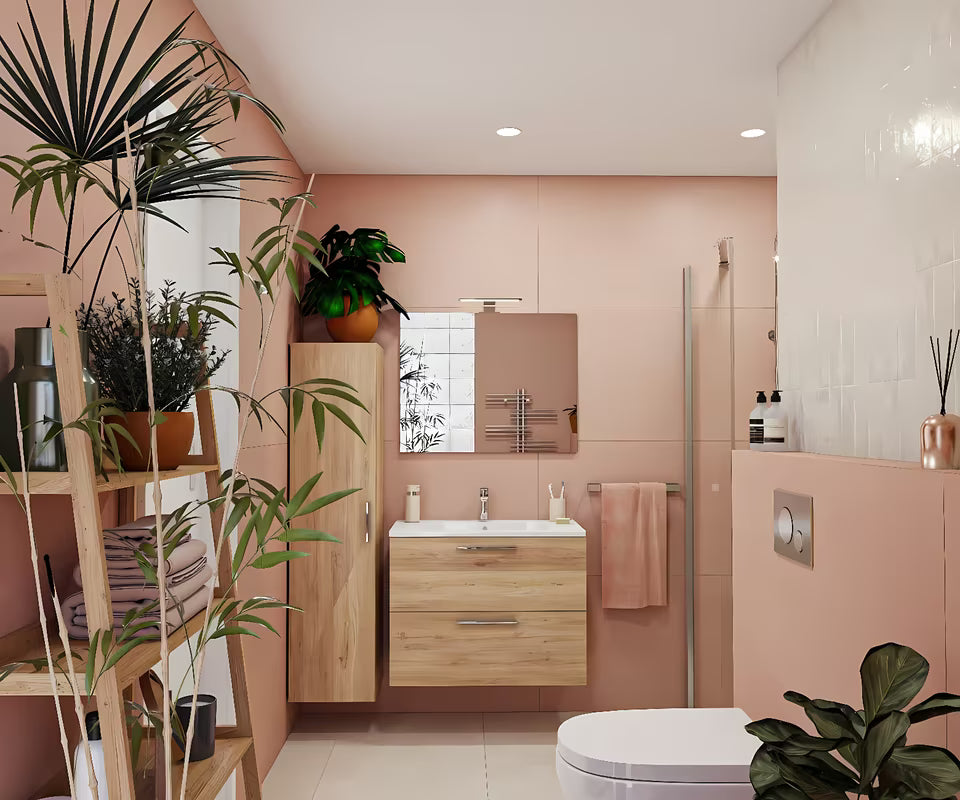 Kupaonski set vitra Mia u dekoru zlatnog hrasta s visećim ormarićem, umivaonikom, ogledalom i rasvjetom