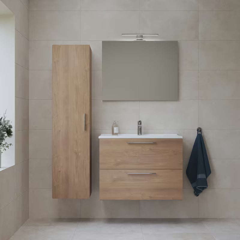 Visoka viseća kupaonski ormarić vitra Mia u dekoru zlatni hrast s vratima i unutarnjim policama.