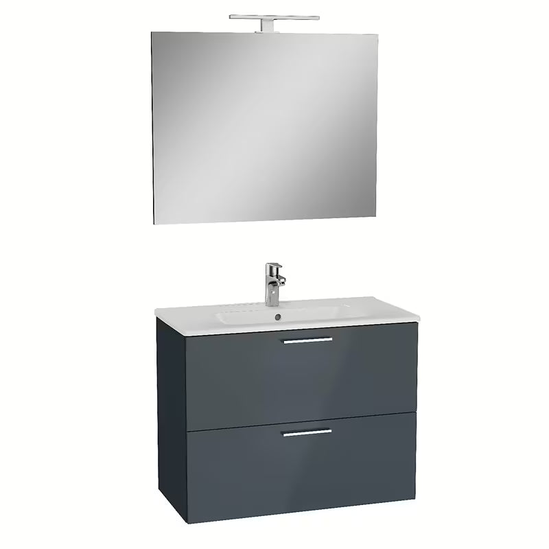 Kupaonski set Vitra Mia 79 x 39,5 cm u antracit boji s ormarićem, umivaonikom, ogledalom i LED rasvjetom.