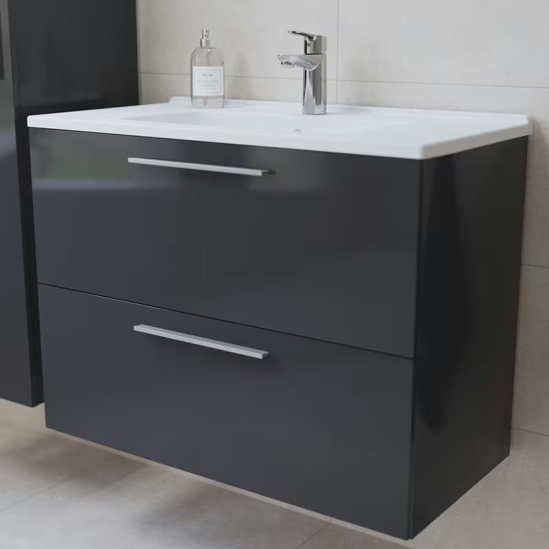Kupaonski set Vitra Mia 79 x 39,5 cm u antracit boji s ormarićem, umivaonikom, ogledalom i LED rasvjetom.