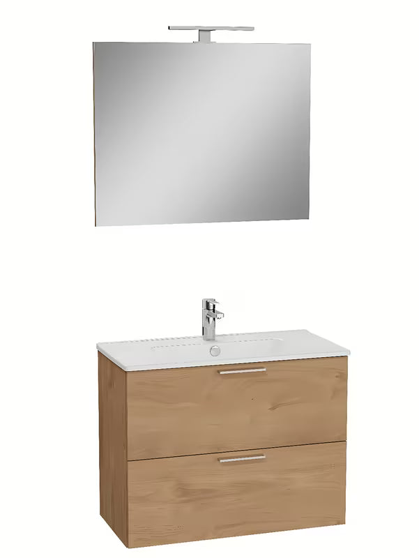 Kupaonski set Vitra Mia 79 x 39,5 cm u dekoru zlatni hrast s ormarićem, umivaonikom, ogledalom i LED rasvjetom.