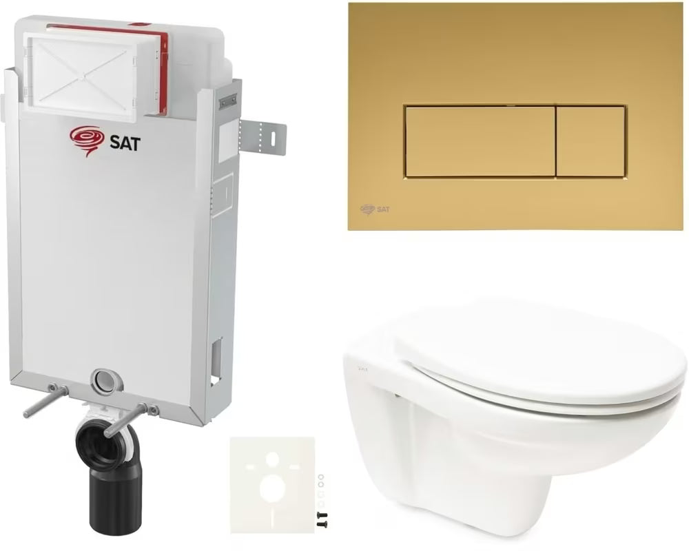Viseći WC set Vitra Normus s ugradbenim modulom, vodokotlićem SAT i tipkom SAT gold mat.