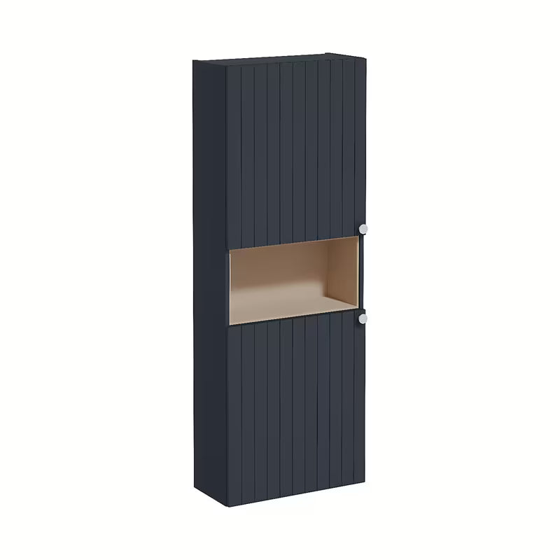 Viseća kupaonski ormarić Vitra Root Groove 55x155x25 cm u mat tamnoplavoj boji s crnim ručkicama.