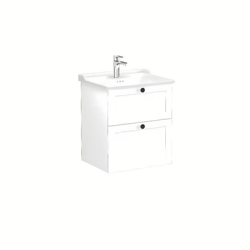 Viseća kupaonski ormarić s keramičkim umivaonikom Vitra Root Classic u bijeloj mat boji s crnim ručkama.