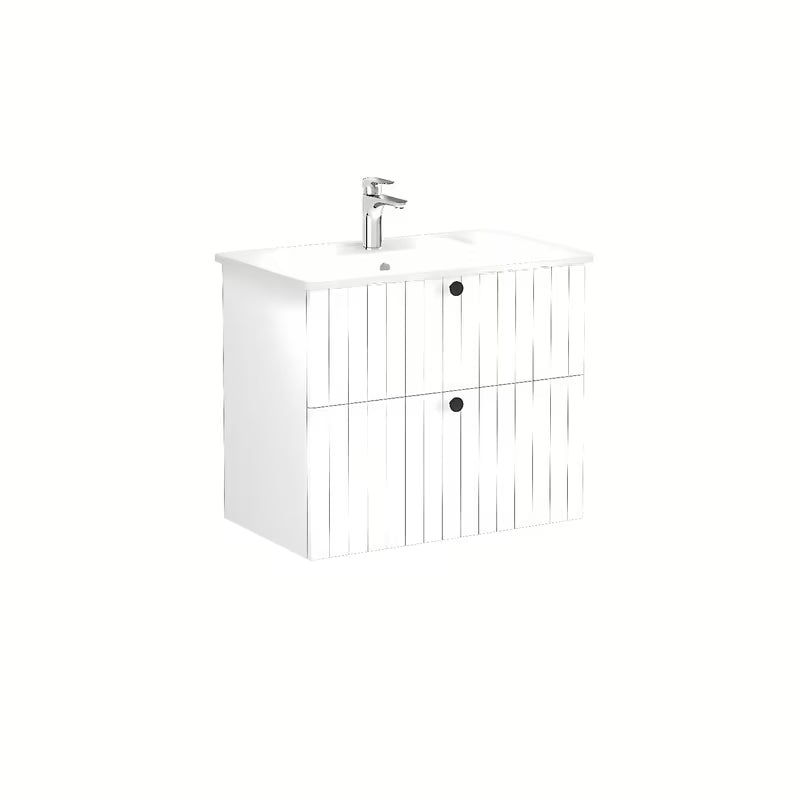 Viseća kupaonski ormarić s keramičkim umivaonikom Vitra Root u mat bijeloj boji s crnim ručkicama.