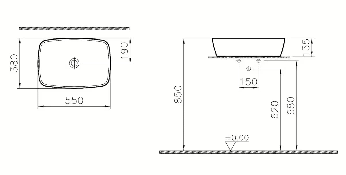 Bijeli keramički umivaonik na ploču Vitra Shift New 55 x 38 cm bez preljeva i bez otvora za miješalicu.