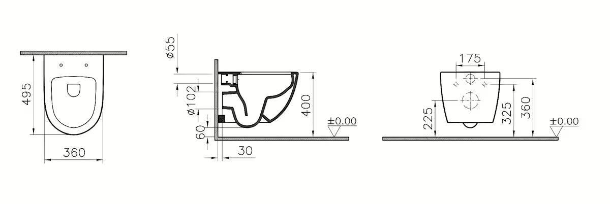 Bijeli viseća WC školjka vitra Shift bez sustava za ispiranje ovalnog dizajna i sa skrivenim pričvršćenjem.