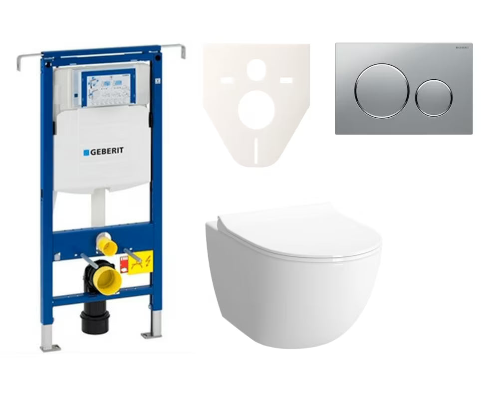 Viseći WC set SAT Infinitio s podžbuknim vodokotlićem Geberit Duofix i tipkom za ispiranje u mat krom izvedbi.