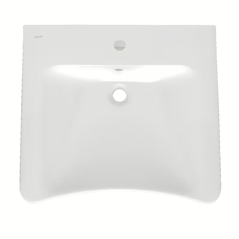 Bijeli bez barijera viseći umivaonik Vitra od keramike s preljevom i otvorom pro slavinu u sredini