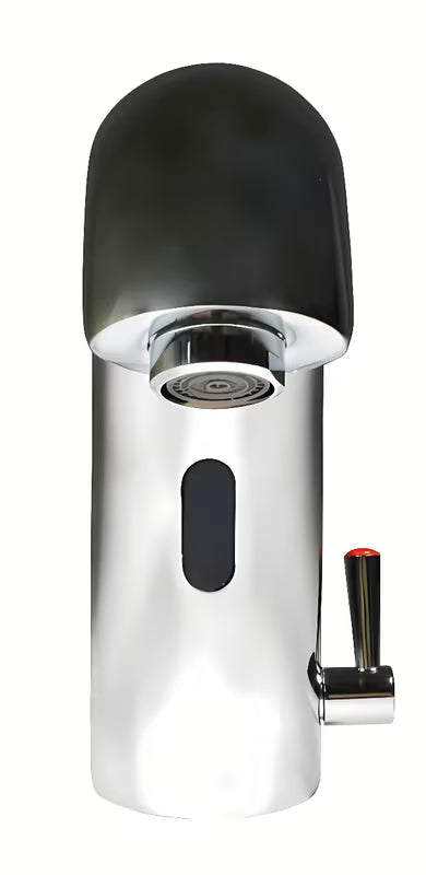 Kromirana senzorska miješalica za umivaonik Weltservis Donner s infracrvenim aktiviranjem i ručnim upravljanjem temperaturom.