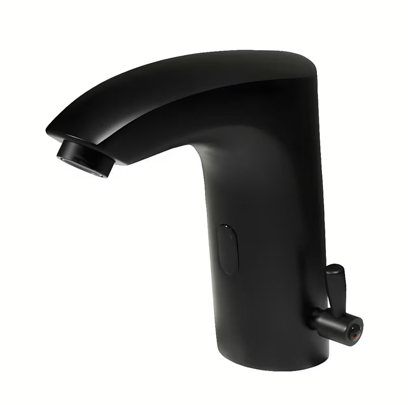 Crna beskontaktna miješalica za umivaonik Weltservis Donner AutoFlow 02 s infracrvenim senzorom i ručicom pro za podešavanje temperature.