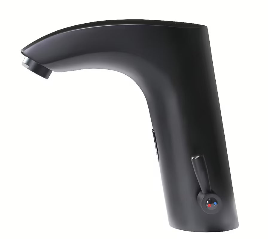Crna beskontaktna miješalica za umivaonik Weltservis Donner AutoFlow 02 s infracrvenim senzorom i ručicom pro za podešavanje temperature.