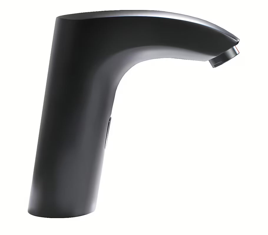 Crna beskontaktna miješalica za umivaonik Weltservis Donner AutoFlow 02 s infracrvenim senzorom i ručicom pro za podešavanje temperature.