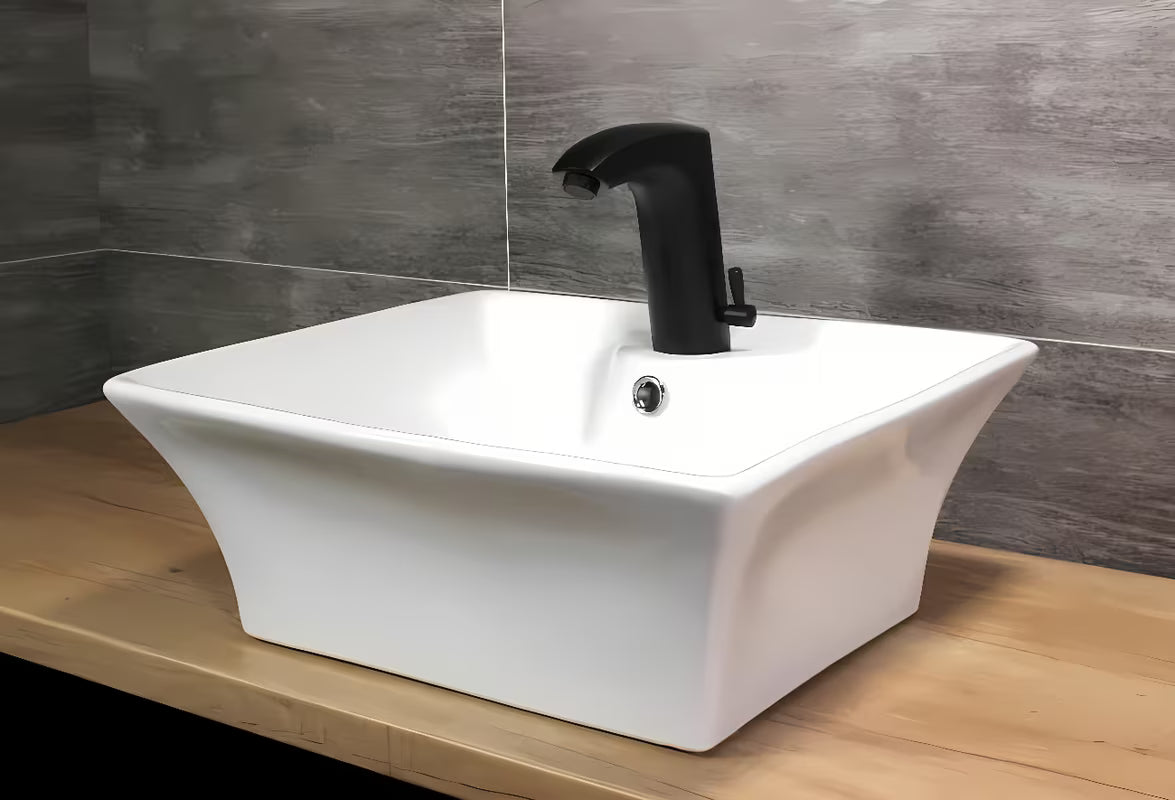 Crna beskontaktna miješalica za umivaonik Weltservis Donner AutoFlow 02 s infracrvenim senzorom i ručicom pro za podešavanje temperature.