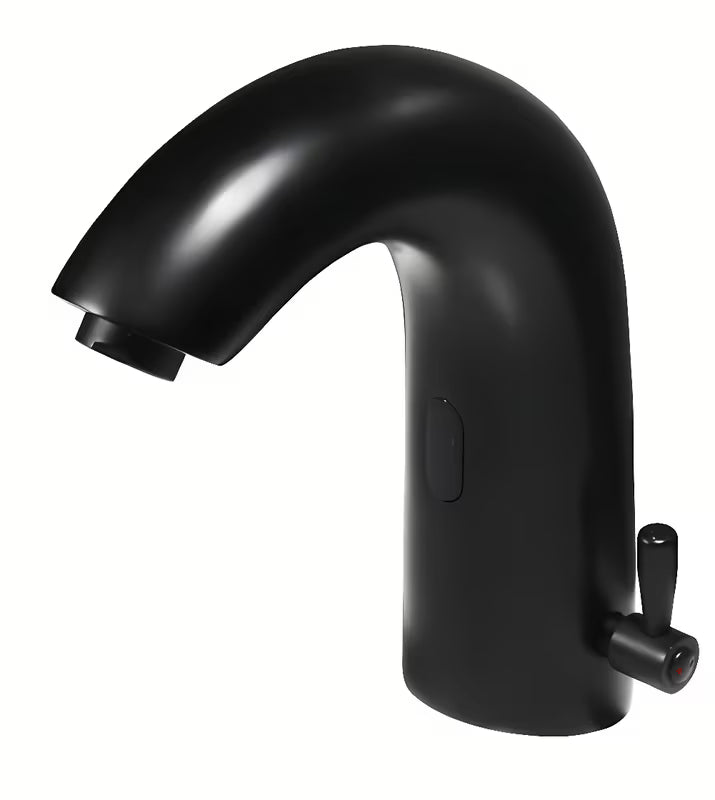 Crna beskontaktna miješalica za umivaonik Weltservis Donner AutoFlow 03 s infracrvenim senzorom i upravljačkom ručicom.