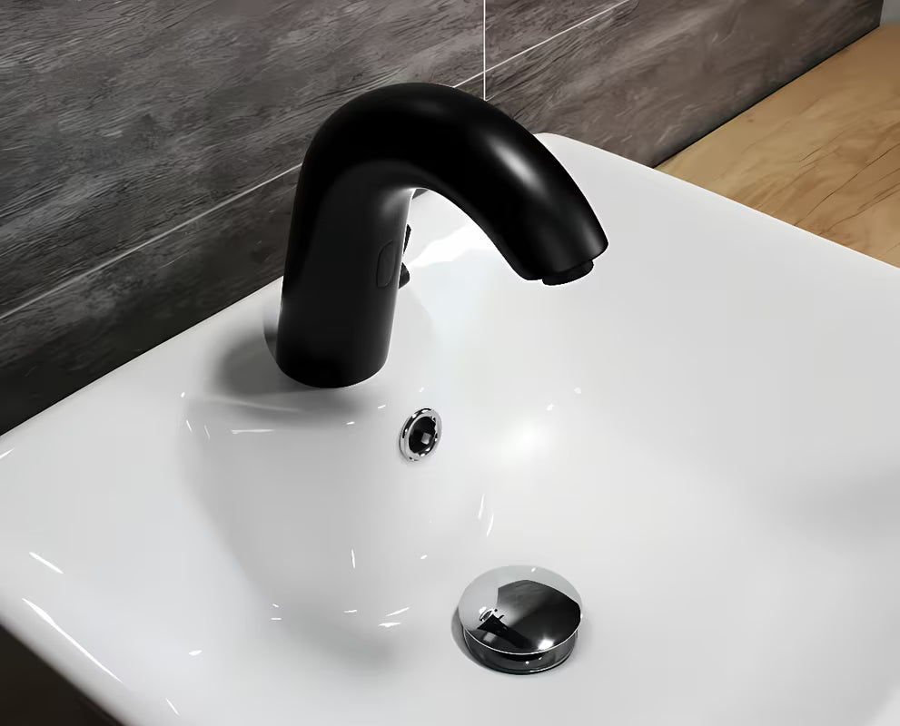 Crna beskontaktna miješalica za umivaonik Weltservis Donner AutoFlow 03 s infracrvenim senzorom i upravljačkom ručicom.