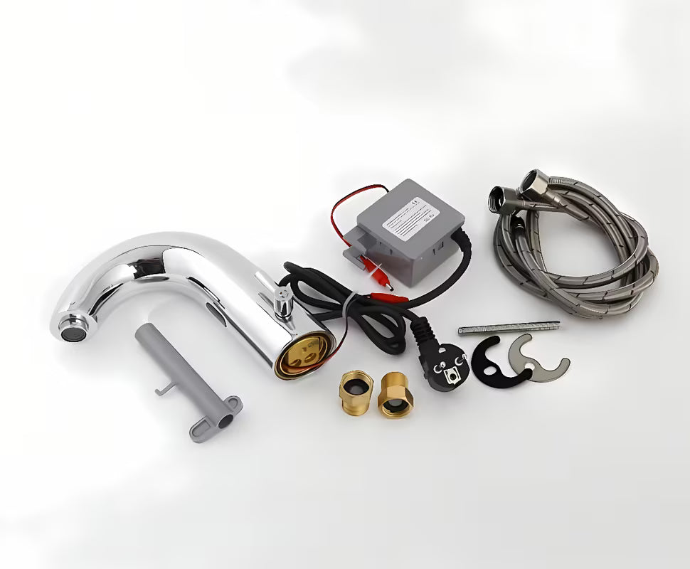 Crna beskontaktna miješalica za umivaonik Weltservis Donner AutoFlow 03 s infracrvenim senzorom i upravljačkom ručicom.