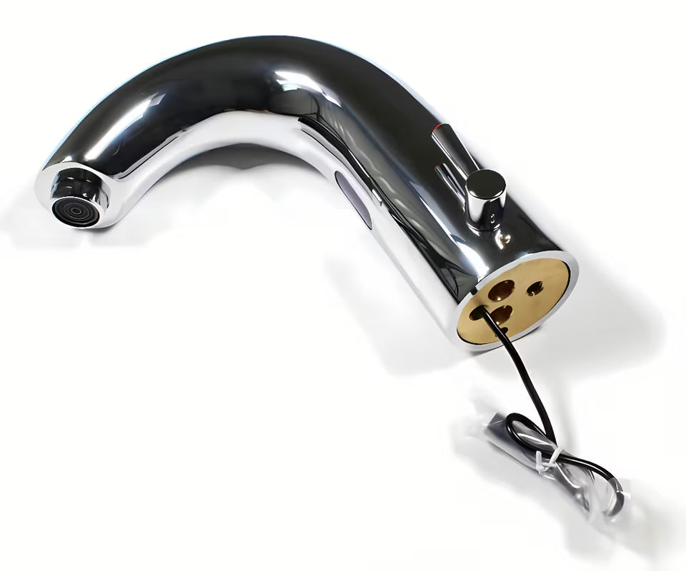 Crna beskontaktna miješalica za umivaonik Weltservis Donner AutoFlow 03 s infracrvenim senzorom i upravljačkom ručicom.