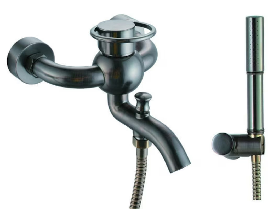 WF Industrial jednoručna baterija zidna miješalica za kadu s tuš setom u završnoj obradi uljem trljana bronca dark-metal.