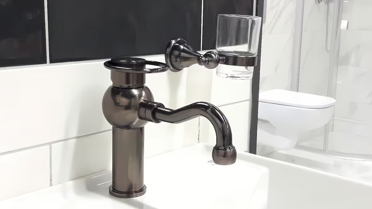 Jednoručna Baterija stojeća miješalica za umivaonik WF Industrial Dark-Metal bez odvoda u završnoj obradi uljno brušena bronca.