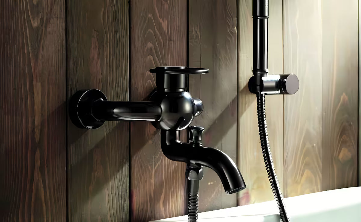 WF Industrial jednoručna baterija zidna miješalica za kadu s tuš setom u završnoj obradi uljem trljana bronca dark-metal.