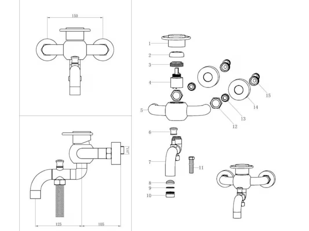 WF Industrial jednoručna baterija zidna miješalica za kadu s tuš setom u završnoj obradi uljno brušena bronca dark-metal.
