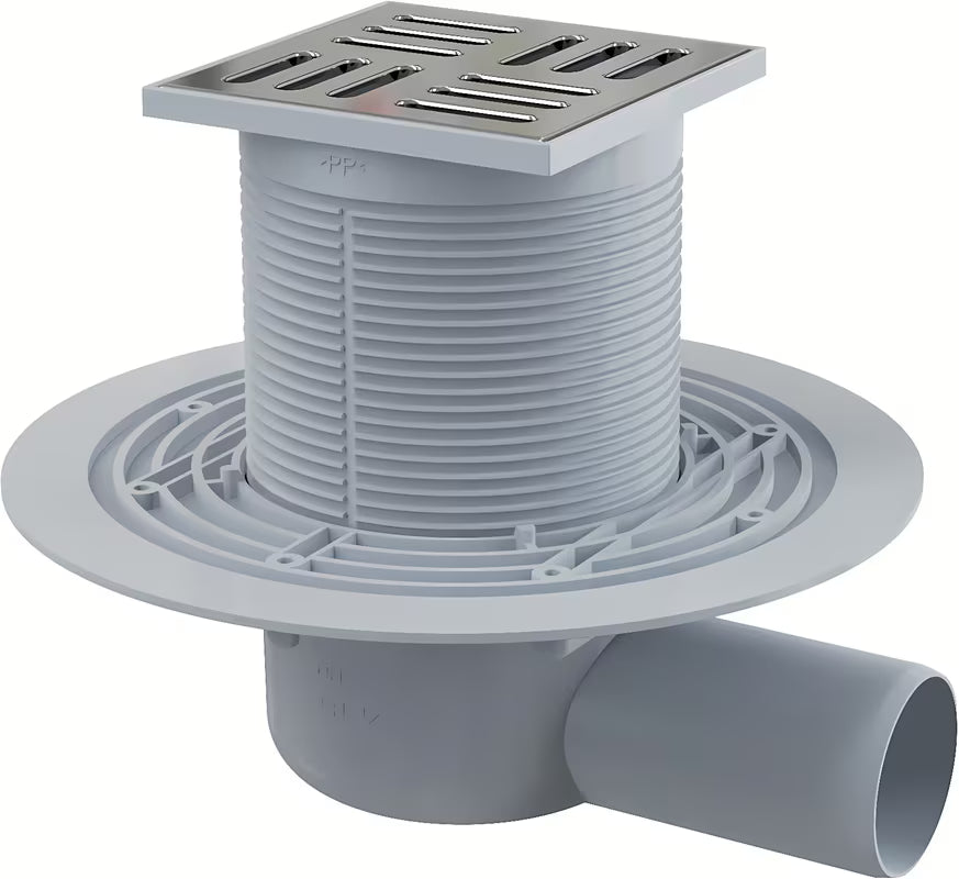 Podni sifon/slivnik Alca APV101 s rešetkom od nehrđajućeg čelika 102×102×4 mm i bočnim priključkom na odvod Ø50 mm.