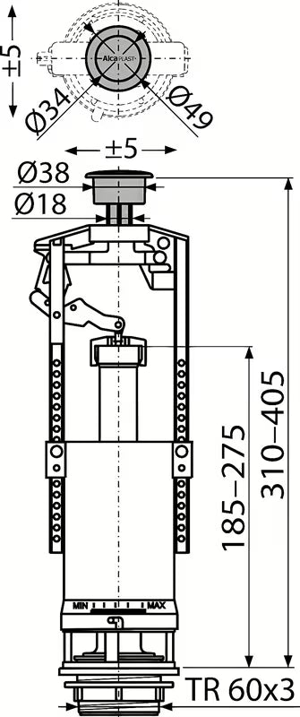 Alca univerzalna odvodni ventil krom pro za keramičke vodokotliće s StartStop tipkom