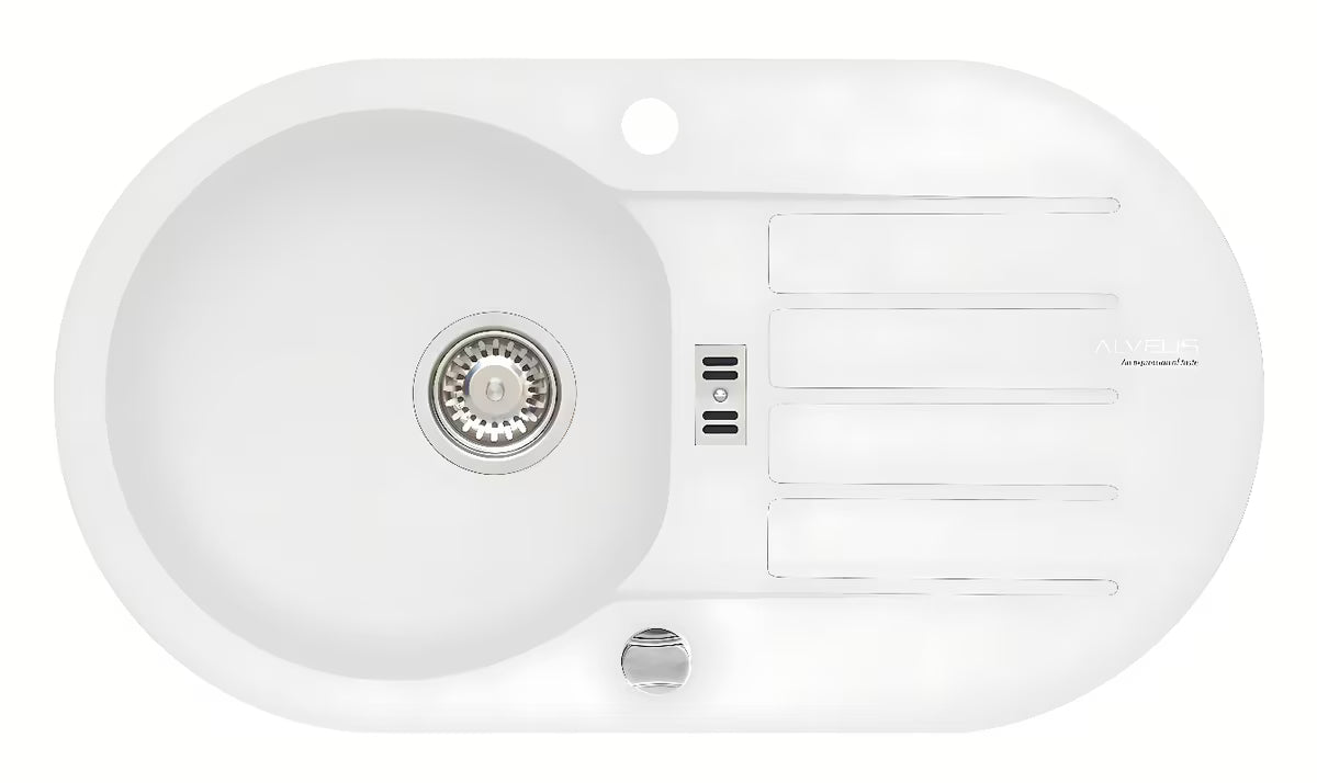 Bijeli granitni sudoper  Alveus Niagara 40 s ocjeđivačem pro montaža na radnu ploču.