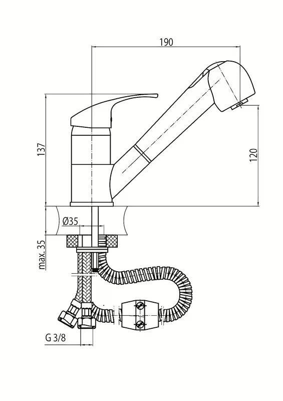 Kromirana jednoručna baterija miješalica za sudoper Alveus Oáza s okretnim izljevom s izvlačnim tušem.