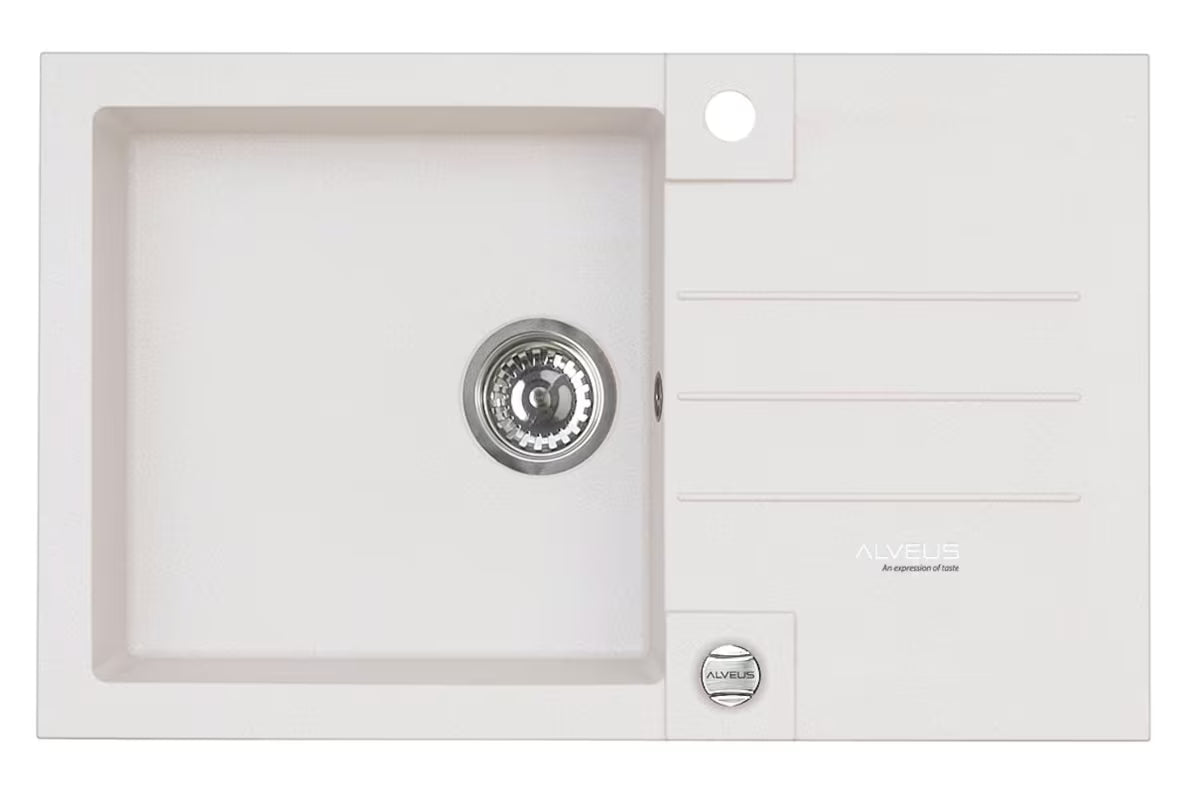 Bijeli granitni sudoper  Alveus Rock 130 s ocjeđivačem, montaža na radnu ploču.