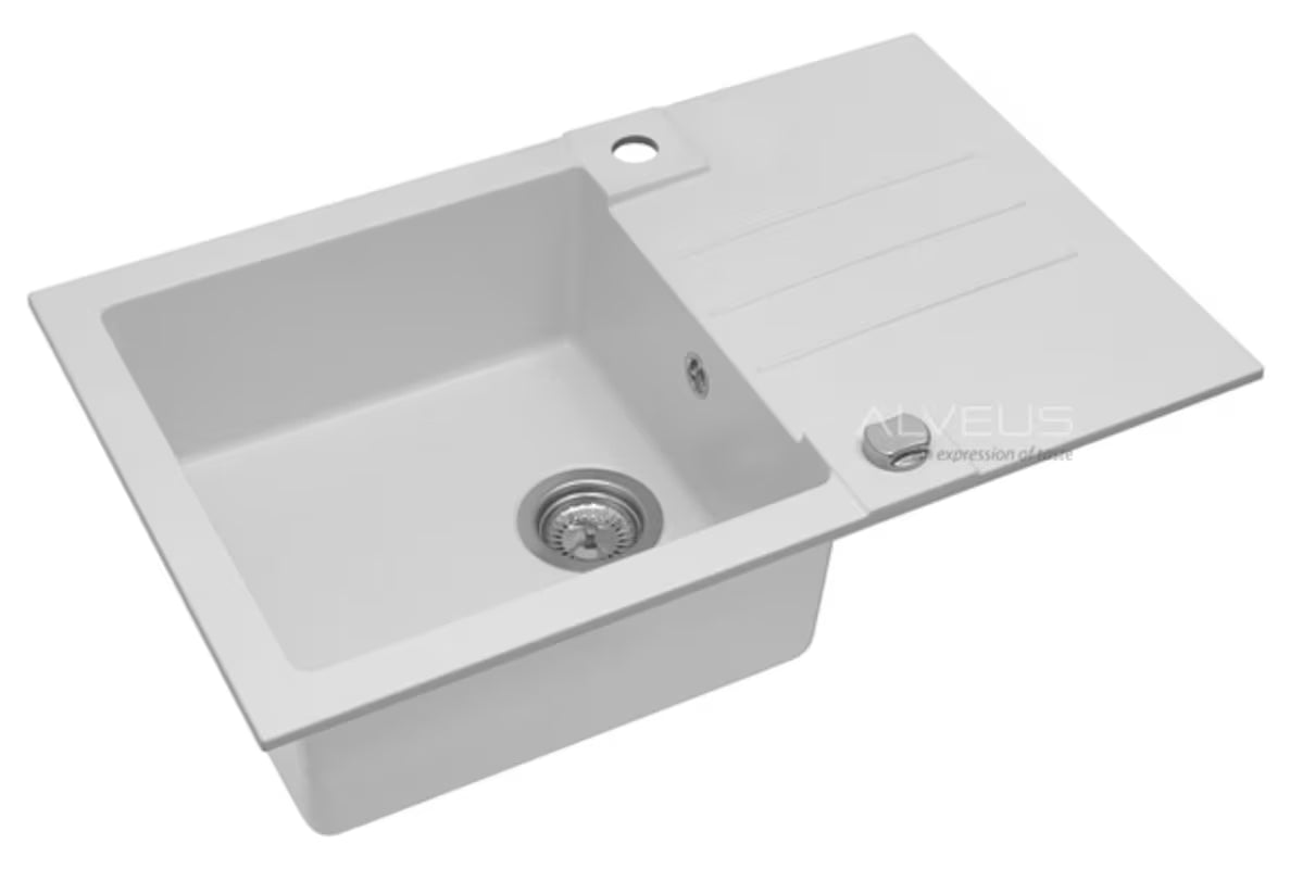 Bijeli granitni sudoper  Alveus Rock 130 s ocjeđivačem, montaža na radnu ploču.