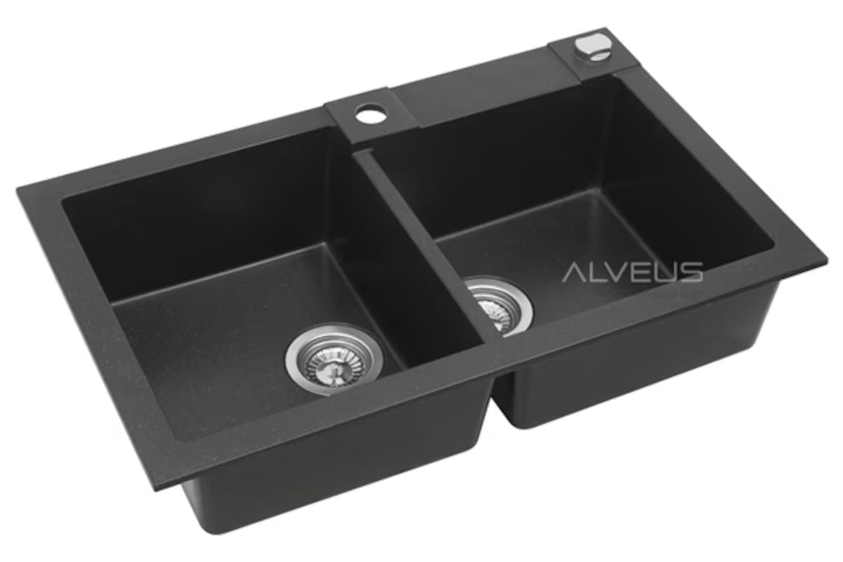 Alveus Rock 90 granitni kuhinjski dvostruki sudoper bez ocjeđivača u antracit boji, montaža na radnu ploču.