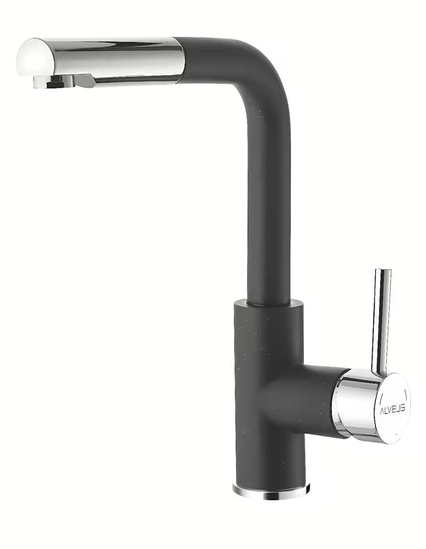 Antracitna jednoručna baterija miješalica za sudoper Alveus Siros s izvlačivim tušem sa zakretnim izljevom.
