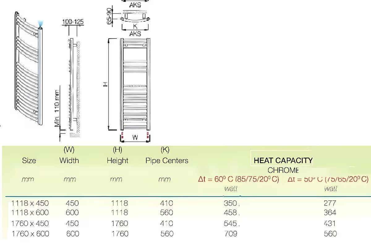 Kombinirani kupaonski radijator Anima Marcus 600x1760 mm u izvedbi chrome sa zaobljenim profilom.
