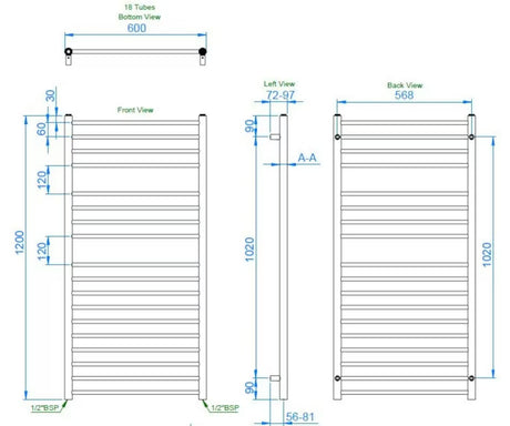 Kombinirani kupaonski radijator Anima Paul 60x120 cm u izvedbi od poliranog nehrđajućeg čelika chrome.