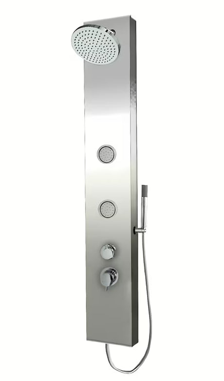 Tuš panel Anima Primeshower s jednoručnom miješalicom, gornjim kišnim tušem, ručnim tušem i masažnim mlaznicama.