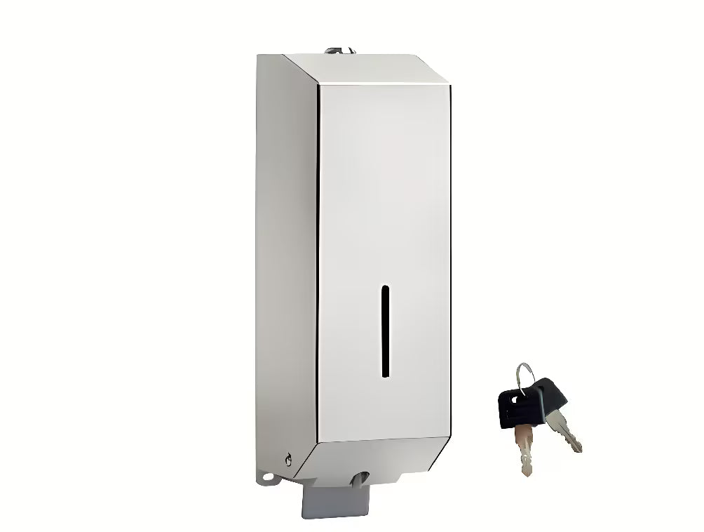 Zaključavajući zidni dozator tekućeg sapuna Bemeta od sjajnog nehrđajućeg čelika, zapremine 1 100 ml.