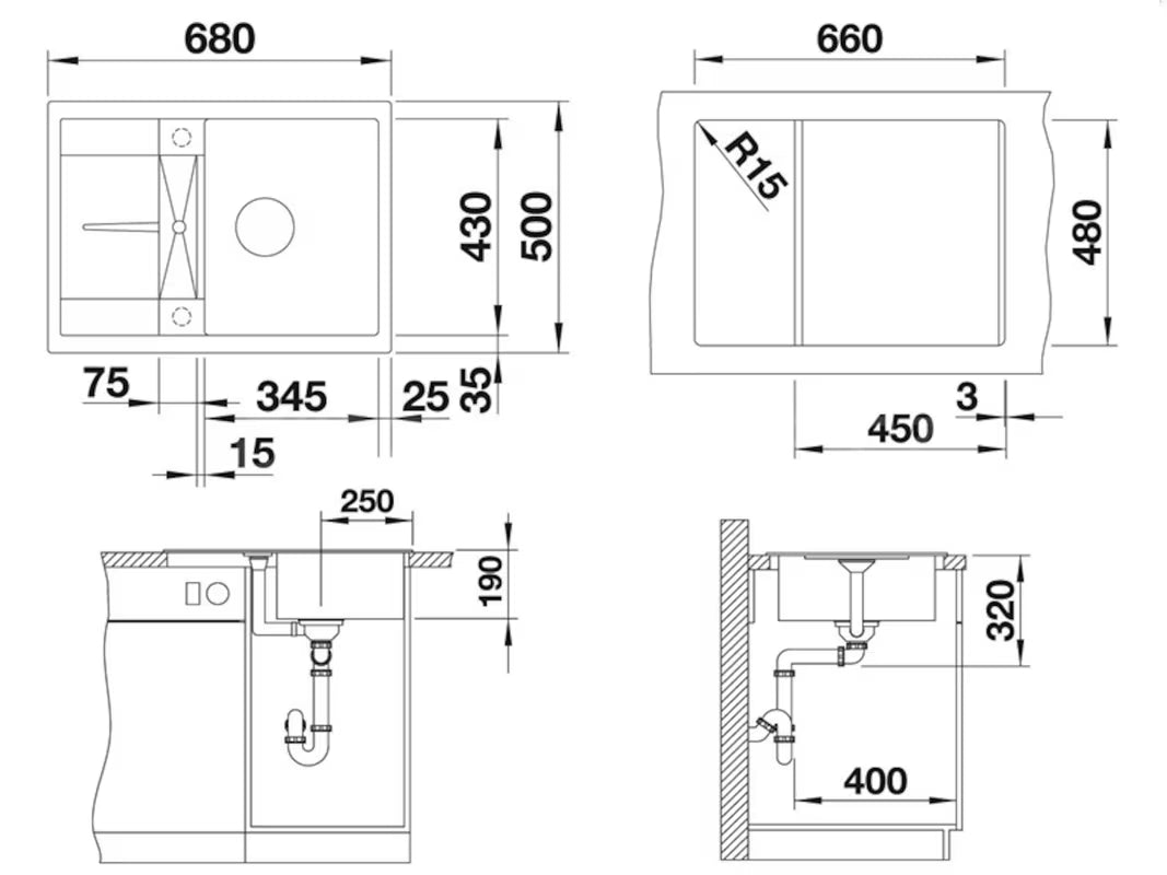 Granitni sudoper  Blanco Metra 45 S Compact s ocjednom plohom u boji siva stijena