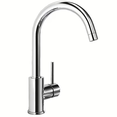 Kromirana jednoručna baterija stojeća miješalica za sudoper Blanco Mida s sa zakretnim izljevom i zaobljenim dizajnom.