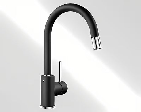 Crna miješalica za sudoper Blanco Mida-S s izvlačnom tuš-glavom i blago zakrivljenim izljevom.