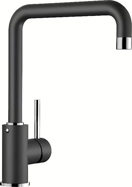 Crna mat miješalica za sudoper Blanco Mili s okretnim izljevom 360° i sa Silgranit Look površinom.