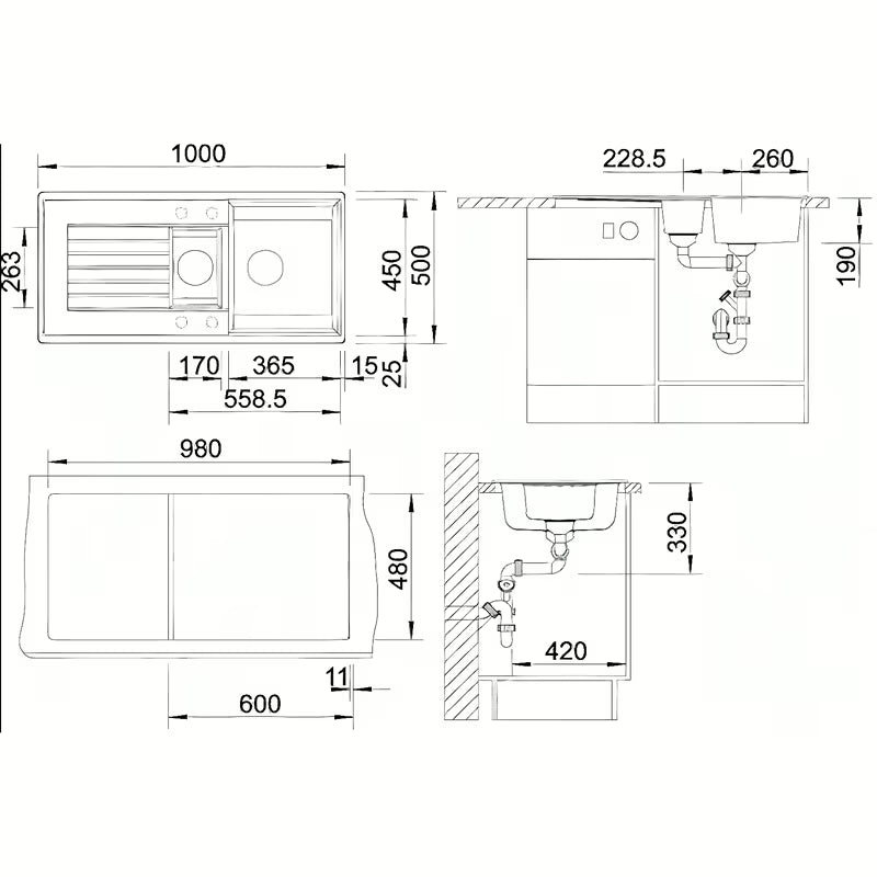 Granitni sudoper  Blanco Zia 6 S u antracit boji s tuš kadom s ocjednom plohom