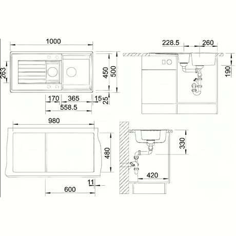 Granitni sudoper  Blanco Zia 6 S u antracit boji s tuš kadom s ocjednom plohom