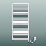 Bijeli električni radijator Elvl KDE 45x129 cm s grijaćim štapom na desnoj strani i termostatom