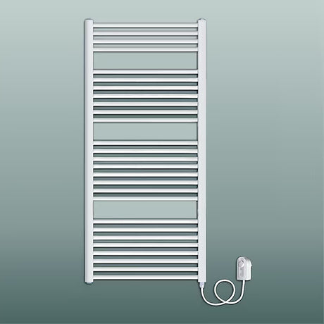 Bijeli električni radijator Elvl KDE 45x129 cm s grijaćim štapom na desnoj strani i termostatom