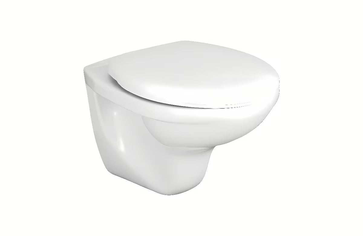 Bijele viseća WC školjka Fayans Neo od izdržljive sanitarne keramike sa stražnjim odvodom i štedljivim DualFlush ispiranjem.