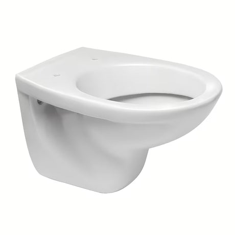 Bijele viseća WC školjka Fayans Neo od izdržljive sanitarne keramike sa stražnjim odvodom i štedljivim DualFlush ispiranjem.