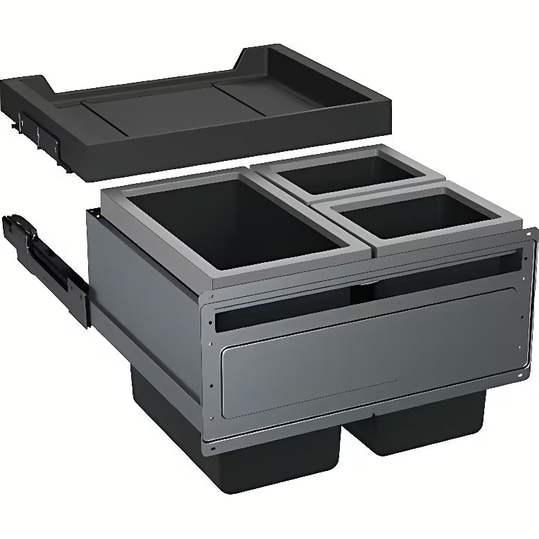 Ugradbeni kanta za otpad sorter Franke s prednjim izvlačenjem, tri kante i ladicom s ugljičnim filtrom u crnoj i sivoj boji.